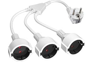HITRENDS Przedłużacz z 3 gniazdami Schuko, 1 do 3 gniazd ze stykiem ochronnym, przewód z tworzywa sztucznego, krótki kabel, potrójna wtyczka, IP20, do domu, biura, na zewnątrz, 3 x 1,5 mm², do 250 V/16 A,