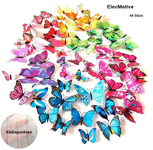 ElecMotive 48 tlg 3D Wandtattoo Wand Aufkleber Schmetterlinge im 3D-Style Wanddekoration mit Klebepunkten zur Fixierung (Klebepunkten+ Magnet) 48 Stück (12pc Gelb+12pc Grün+12 Blau+12 Lila)
