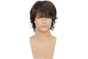 ‎FILFEEL Męska Peruka Krótka z długą grzywką, Peruka z Prostymi Włosami - Regulowany Rozmiar Czepka, Brązowa