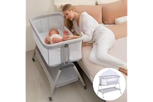 GOI 3 in 1 Baby Crib Next to Me Crib Bedside Sleeper Portable Travel Cot Bedside Crib Baby Bed with Breathable Net and Mattress,Adjustable Portable Bed for Infant,Baby Girl Boy (Grey)