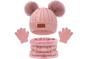 HIULLEN Conjunto de Gorro Bufanda y Guantes Niños, Invierno Forro de Lana Calentar Bufanda Gorro, Cálido Sombrero de Punto con Pompon Alta Elasticidad para Niños Niñas 3-6 Años, rosa