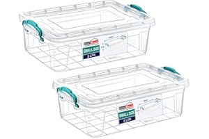 BEST HOUSE ANOTHER FINE PRODUCT Best House | Small Plastic Storage Box with Clips & Lids | Size 2L (L:26cm W:17cm H:8cm)| Set of 2 | Flat Shape |Stackable Clear Multipurpose Home Office Kitchen Tools Crafts Bits N Pcs-2 Litres