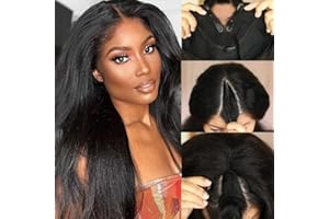 EMOL Kinky Straight V Part Wig Human Hair For Women Yaki Straight Virgin Human Hair Wig No Glue No Sew In Easy To Wear Make Own Hairline 150% Density Natural Black Color Glueless Half Wig 18 Inch