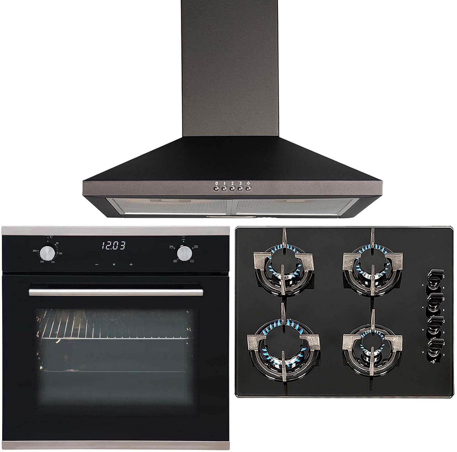 SIA 60cm Black Touch Control Single Fan Oven, 4 Burner Gas Hob & Chimney Hood