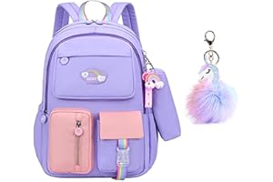SEDEX Cartable Fille Primaire, Imperméable Léger Sac à Dos avec Toile Fermeture Éclair, Porte-Clés pour École