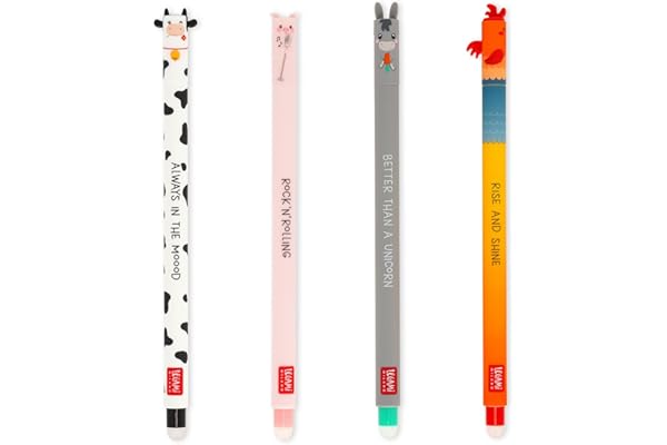 Legami - Set de 4 bolígrafos de gel borrable Farm Sweet Farm, bolígrafos con tinta borrable termosensible, negro, rosa, verde, rojo, borra sin consumir la hoja, punta de 0,7 mm