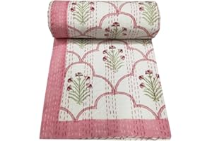 MAVISS HOMES Indian Hand Block Print Kantha Quilt Queen Size Quilt Kantha Bedspread White Quilt Cotton Kantha Throw Bedding (Twin 90 X 60 Inch, Pink)