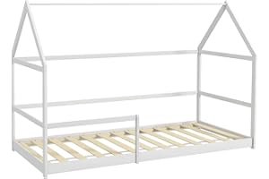 AIYAPLAY Letto Montessori per bambini a Casetta, 90x190 cm Letto per Bambini a Forma di Casa con Rete a Doghe, Struttura in Legno di Pino e Barriere di Protezione Anticaduta per Cameretta, Bianco