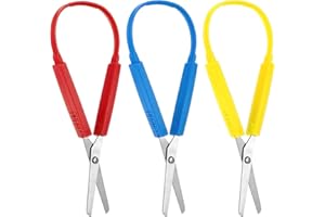 Telooco 3 Pièces Mini Ciseaux à Anneaux 14cm Ciseaux de Conception Adaptative Ciseaux de Sécurité à Ouverture Automatique pour Enfants École Bricolage Quotidien (Jaune, Rouge, Bleu)