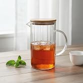 Deconox 1000 ML Bambu Kapaklı Borosilikat Cam Yağlık ve S&uuml;rahi - Isıya Dayanıklı &Ccedil;izgili (Line) Desenli Modern Meşrubat ve Su