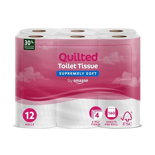by Amazon 4-Ply Quilted Toilet Tissues, Unscented, 12 Rolls (1 Pack of 12), 160 Sheets per Roll