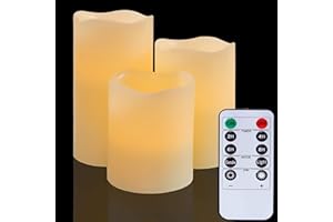 YIWER Bezpłomieniowe świece LED na baterie: filar z prawdziwym woskiem z pilotem migotanie sztuczne światła do dekoracji Boże Narodzenie ślub przyjęcie urodzinowe (zestaw 3, kość słoniowa)