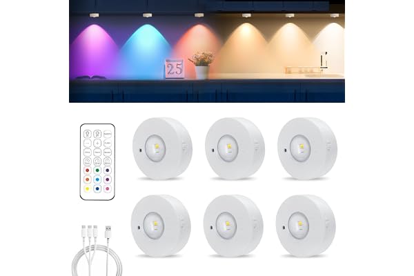 MERTTURM USB Uppladdningsbar LED Spots, 1200mAh LED Skåpbelysning, 3 Färgtemperaturer 9 RGB Färger, Dimbar Spot, Vitrinbelysning är Lämplig För Garderober, Kök, Vitrinskåp[6 pack]