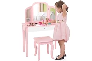 COSTWAY Juego de Tocador con Mesa Taburete para Niños, Set Tocador para Niñas con Espejo Tripartido y Cajón Grande, Escritorio Desmontable 2 en 1 para Leer y Escribir (Rosa)