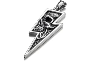 GTHIC Men's Stainless Steel Retro Skull Pnendant Necklaces Silver Gold Lightning Bolt Biker Jewelry