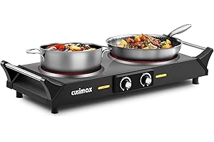 CUSIMAX kochplatte elektrisch mit Kühlhaltegriffen, Tragbares Infrarot Doppelkochfeld 900W+1200W mit Einstellbarer Temperatur, 15cm+18cm Herdplatte für Kochen, kompatibel mit allen Kochgeschirren