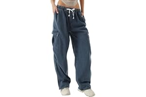 Xinor Larghi Jeans Donna Vita Alta Y2k Pantaloni Cargo Donna Blu Pants Streetwear Wide Leg Ragazza Tasche Laterali Casuali con Tasche