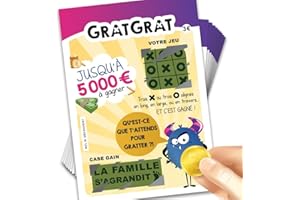 MIMI GRANDIT Lot de 10 carte à gratter pour annoncer votre grossesse, La famille s'agrandit, jeux du Morpion