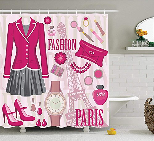 tgyew Girly Decor Shower Curtain Set, Fashion Theme in Paris with Outfits Dress Watch Purse Perfume Parisienne Landmark Decor, Bathroom Accessories, 60W X 72L Inche Extralong, Pink Biege