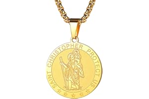FaithHeart St Christopher Necklace for Men, Personalised Saint Christopher Pendant Catholic Jewellery Stainless Steel/Gold/Black, Patron Saints of Travellers Christening Gifts for Boys Child