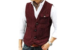 Solovedress Mens Vintage Wool 3 Real Pockets Suit Vest V Neck Tweed Waistcoat for Wedding Groomsmen