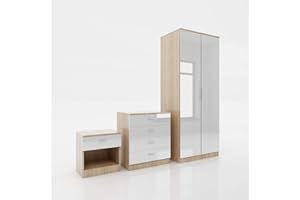ELEGANT 3 Piece Bedroom Furniture Sets High Gloss Soft Close Wardrobe + 4 Storage Drawer Chest of Drawers + Bedside Cabinet, White-Oak Wardrobe and Chest of Drawers Set (Mirror not included)