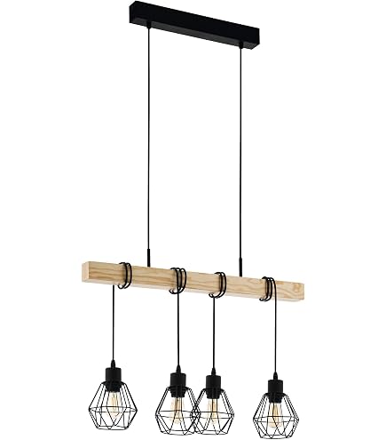 Eglo Lampada a sospensione Hornwood, plafoniera vintage a 3 punti luce dal design industrial e retrò in acciaio e legno, nero, crema, marrone, E27