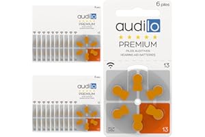 Lot de 120 Piles auditives Audilo Premium Taille 13 Couleur Orange (PR48)/Piles auditive Longues durée Haute qualité/durée de Conservation 4 Ans/compatibles Toutes Marques d'aides auditives