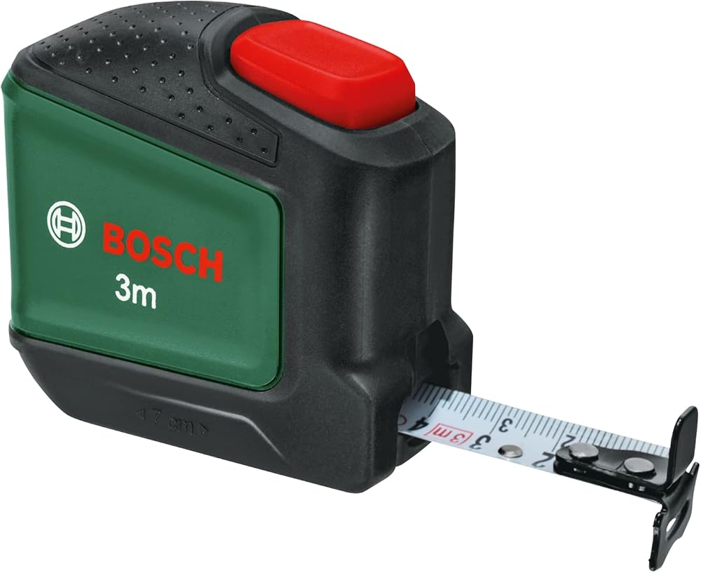 Bosch 3 m mezura (otomatik kilit; bant genişliği 19 mm; naylon kaplamalı; metrik ölçekli 3 m şerit metre, çift kancalı ve metal kemer klipsli)