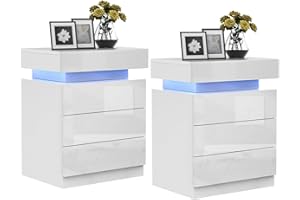 ‎LVHCMFOHM Lvhcmfohm Bedside Table, White, Set of 2, Bedside Cabinet with LED Light, Bedside Table with 3 Drawers and Sliding Chest of Drawers at the Top for Living Room, Bedroom (45 x 35 x 61 cm)