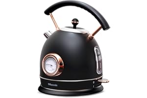 Rasonic Classic Retro Electric Kettle, 1.8L Stainless Steel, 3000W Fast Quiet Boiling, Temperature Gauge, LED Light, Auto Shut-Off, Home & Office Use - Matt Finish Black and Rose Gold