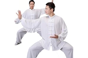 HFCY Cinese Tradizionale Arti Marziali Kung Fu Tai Chi Abbigliamento per Uomo Donna Camicia Manica Lunga Pantaloni Formazione Uniforme Primavera, Bianco-XXXL