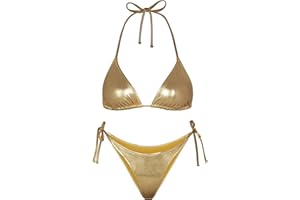 Ella Lust Bikini métallique pour femme – Maillot de bain argenté taille haute avec string à nouer sur le côté, haut triangulaire, maillot de bain brillant