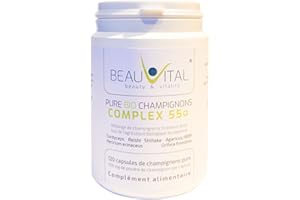 BEAUVITAL Pure Bio Champigons Complex 55+ 120 capsules de 500 mg de Cordyceps Hericium Reishi Agaricus Maitake Shiitake issu de l'agriculture biologique de l'UE