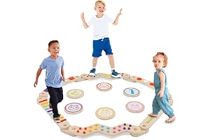 EULEUY Parcours de Motricité avec Poutre d'Équilibre en Bois pour Enfants 3-8 Ans-Jeu Éducatif avec Pierres Colorées Amovibles,Entraînement Équilibre et Motricité-Utilisation Intérieur/Extérieur
