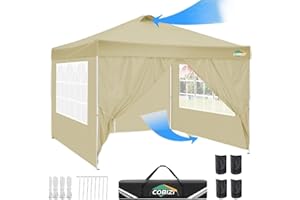 COBIZI Pavillon 3x3, UV-Schutz 50+ Faltpavillon 3x3 Wasserdicht Stabil Winterfest mit 4 Seitenteilen und 4 Sandsäcke,Pop up Pavillion Klappbar 3x3m Pavillon für Camping,Strand,Familientreffen (Khaki)