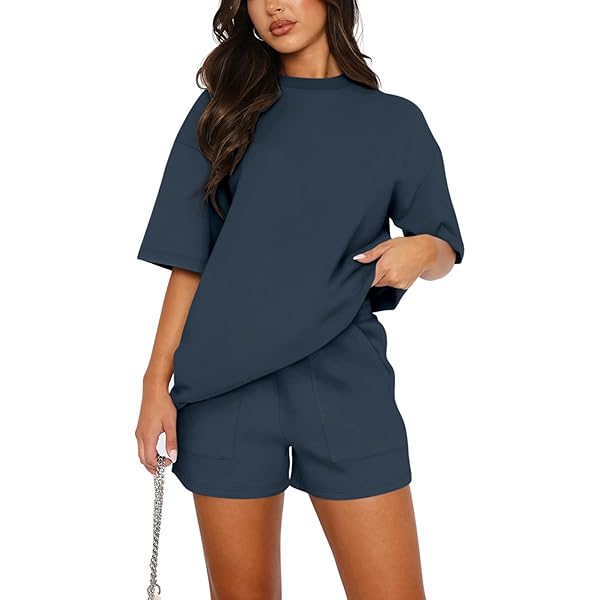 PINSPARK Trainingspak Dames Korte Mouw V-hals Top Shorts Tweedelig Elegante Loungewear 2-delige Zomerreisoutfits Joggingpak Trainingspakset