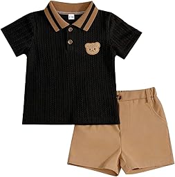 LUVCES Kleinkind Baby Jungen Kleidung Sommer Outfits Niedliches Bären Poloshirt und Knöpfen Shorts mit Taschen 2-teiliges Frühling Set