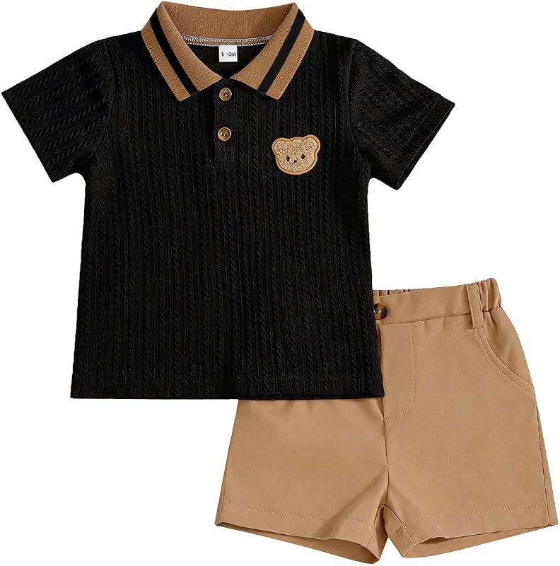 LUVCES Kleinkind Baby Jungen Kleidung Sommer Outfits Niedliches Bären Poloshirt und Knöpfen Shorts mit Taschen 2-teiliges Frühling Set