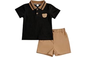 LUVCES Kleinkind Baby Jungen Kleidung Sommer Outfits Niedliches Bären Poloshirt und Knöpfen Shorts mit Taschen 2-teiliges Frühling Set