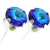 pewterhooter Sterling Silver stud earrings for women made with sparkling Bermuda Blue crystal from Swarovski®. London jewellery box. Hypoallergenic & Nickel Free Jewellery for Sensitive Ears