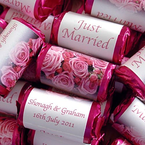 100 PERSONALISED PINK ROSE FLOWER MINI LOVE HEARTS SWEETS - JUST MARRIED BRIDE AND GROOM