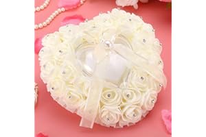JULYKAI Wedding Ring Cushion, Wedding Ring Pillow, Soft and Durable Heart-shaped Ring Bearer Pillow Rose Rhinestone Decor for Wedding Supplies Gift Wedding Party(Milky white)