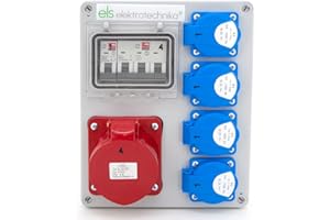 ELS Elektrotechnika Distribuidor de corriente de construcción, distribuidor de pared, caja vacía, enchufe Schuko 4 x 230 V + LS C16 y 1 x CEE 32 A + LS C32 cableado, listo para conectar, taller,