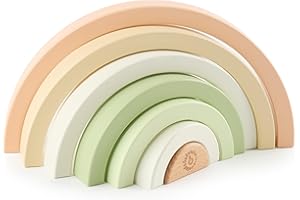 Bieco Tęczowa drewniana wieża do układania w stosy | Gra Montessori dla niemowląt i dzieci | Dekoracyjny drobny drewniany zając od 1 roku