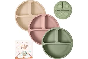 BebeCalin Lot de 3 assiette ventouse pour bébé - Antidérapantes assiette bebe - Pour les tout-petits et l'auto-alimentation - Sans BPA (Nude+Rose+Vert)