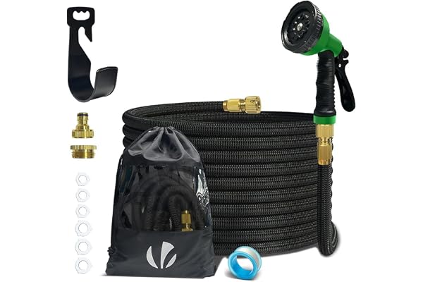 VOUNOT® Tuyau d'Arrosage Extensible 15m Renforcé Adaptable 1/2" et 3/4" 10 Modes de Pulvérisation Flexible et Anti-Fuite Raccord et Sac de Rangement Fournis Noir