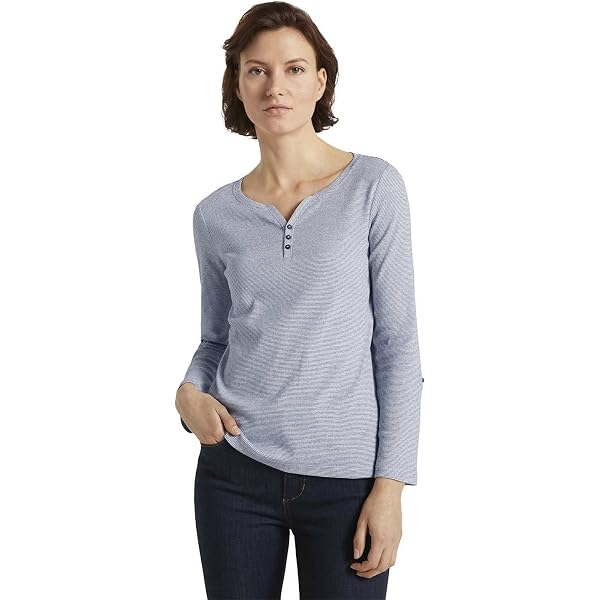 Maglietta Donna TOM TAILOR A Righe Con Maniche Lunghe E Collo Henley - Vestibilità Comoda In Cotone Biologico - 5