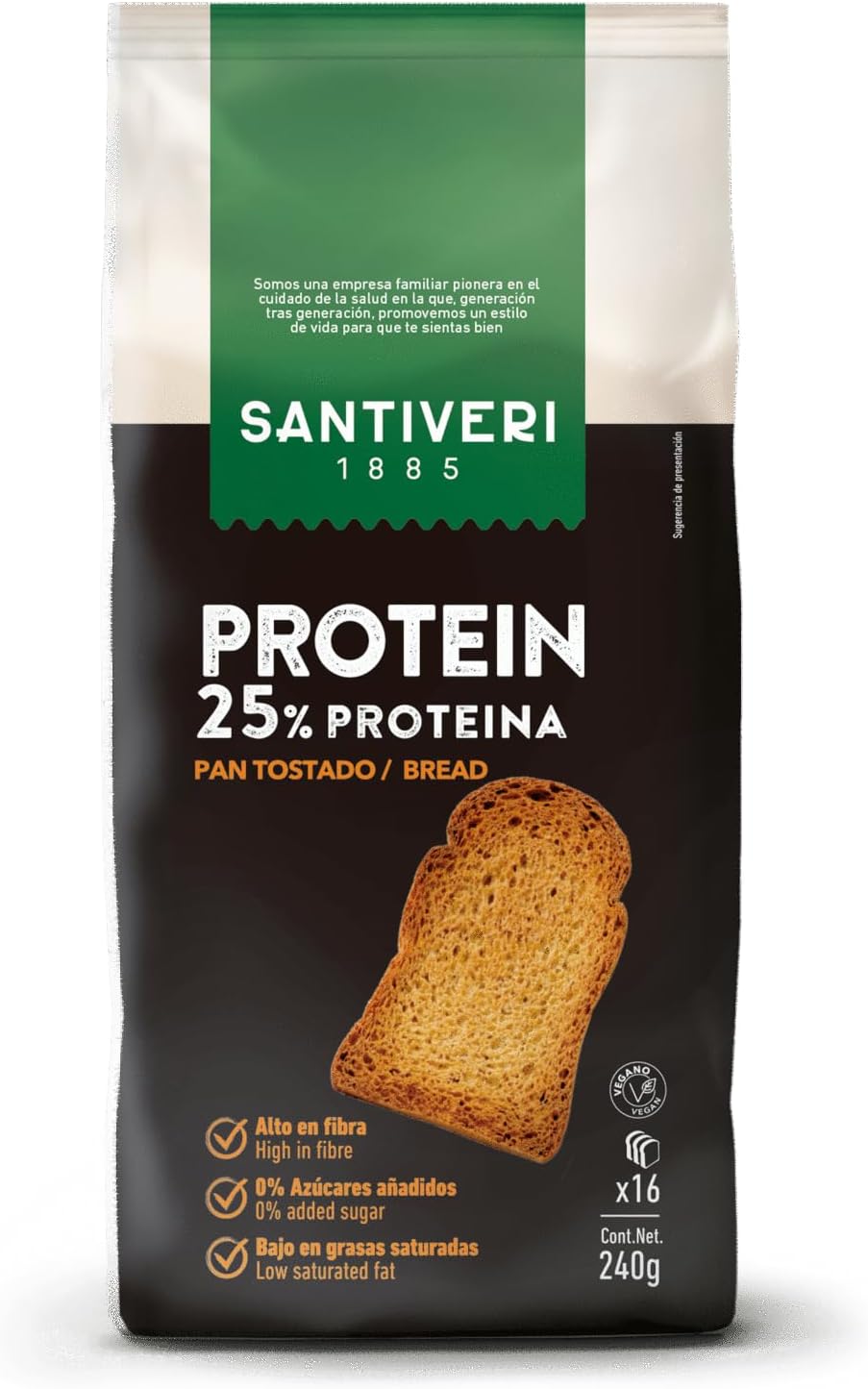 SANTIVERI – Pan Tostado Proteico con 25% de Proteína, Alto en Fibra, Pan Proteico con Proteína Vegetal, Bajo en Azúcares – 365 g