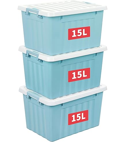 Cetomo 15L*6 Aufbewahrungsboxen mit Deckeln, Kunststoff-Aufbewahrungsbox mit Clips, Kunststoffbox, Ordnungsboxen für Zuhause und Büro, BPA-frei, Nestbar, Stapelbar, Blau, 15L-6er Pack
